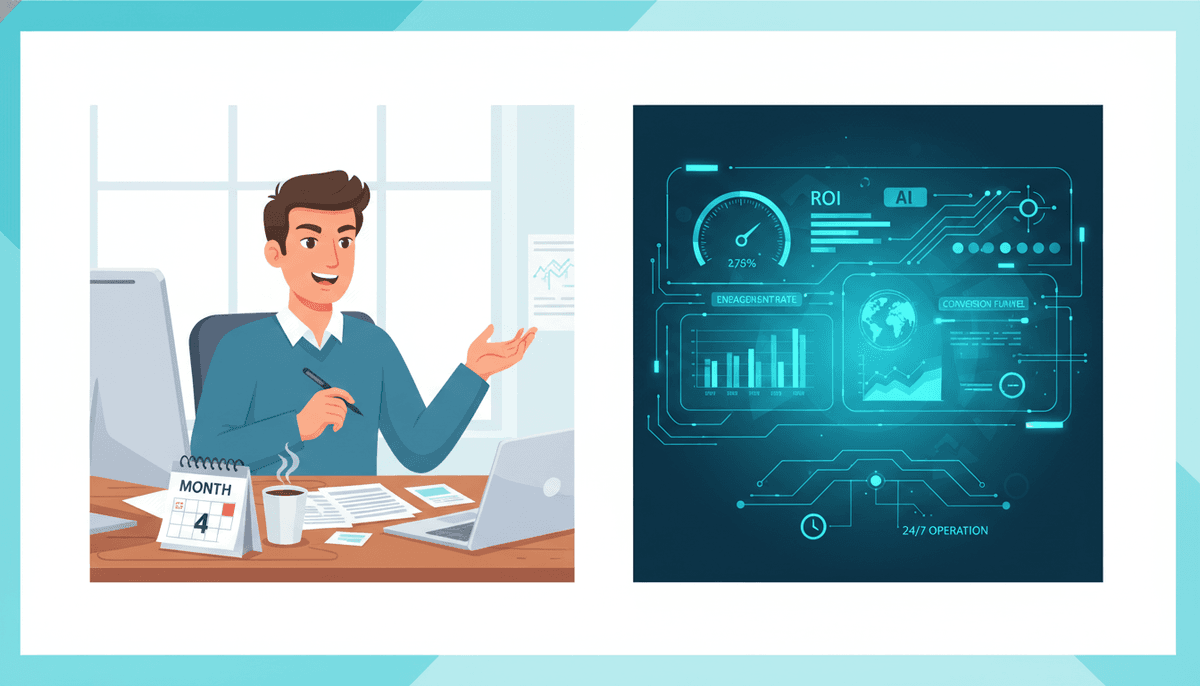 Split-screen comparing a human marketer at a desk with an AI marketing dashboard showing automated campaigns