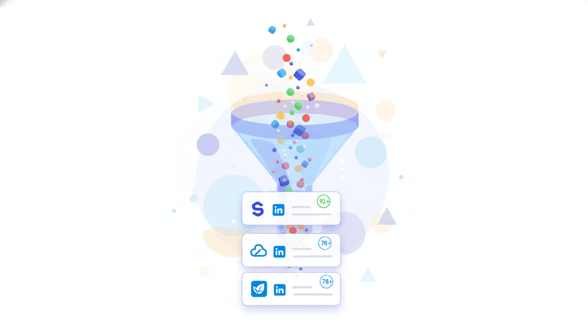 Automated lead enrichment funnel showing data flowing into enriched profile cards with scores