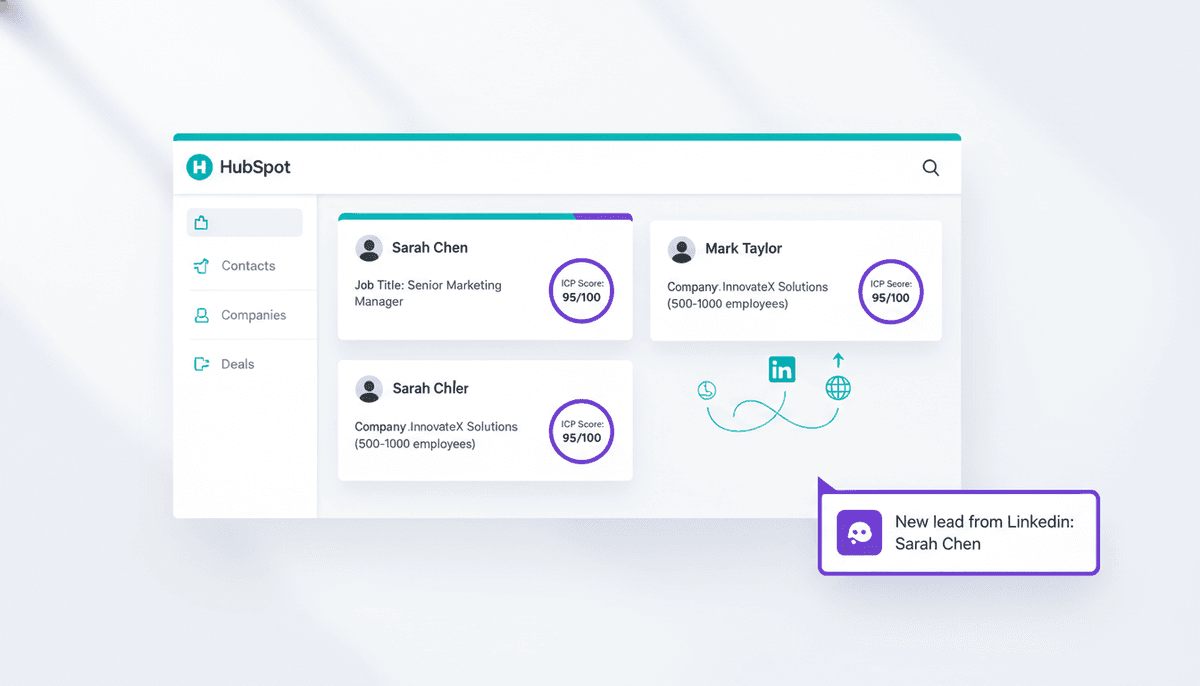 HubSpot CRM interface with enriched lead data flowing in from LinkedIn and web sources, showing ICP scores and Slack alerts