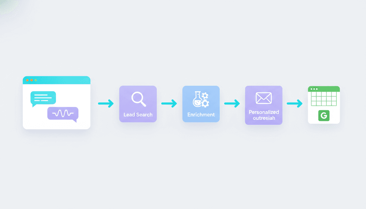 Lead generation campaign pipeline showing natural language prompt flowing through search, enrichment, and personalized outreach steps
