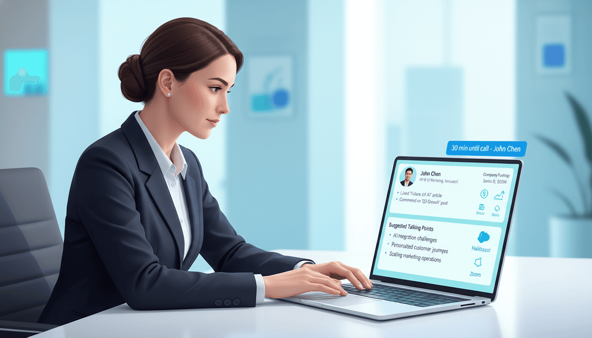 A salesperson reviewing an AI-generated pre-call brief on their laptop before a video sales call